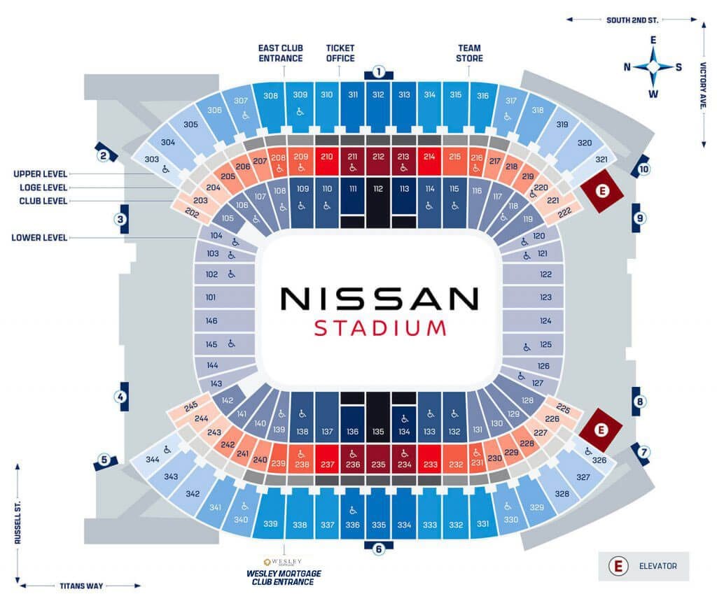 Nissan Stadium, section 230, home of Tennessee Titans, TSU Tigers, page 1